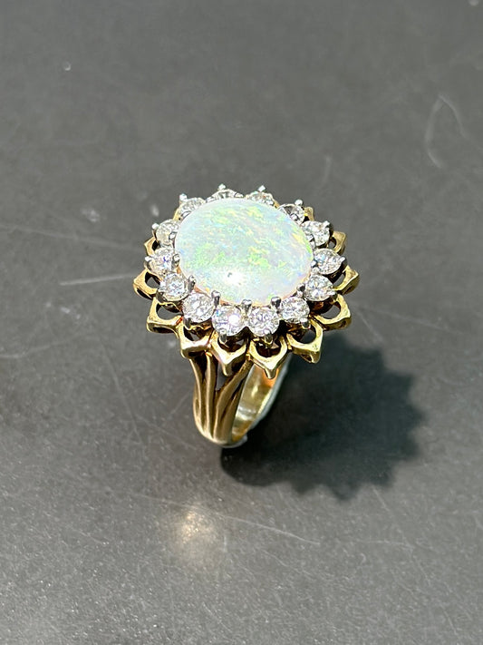 Vintage 14K Gold Opal and Diamond Halo Ring