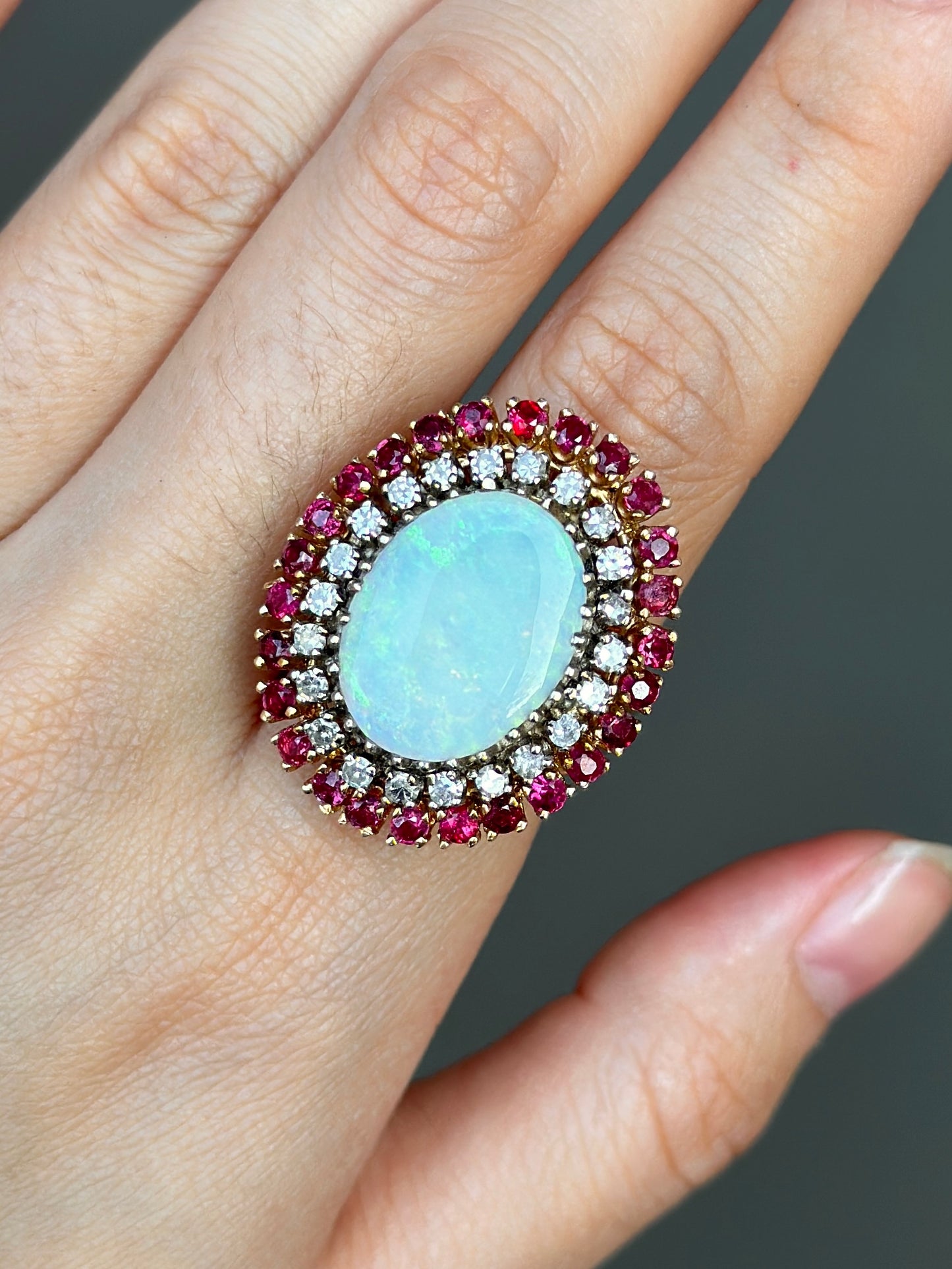 Vintage 14K Gold Opal Diamond Ruby Statement Ring