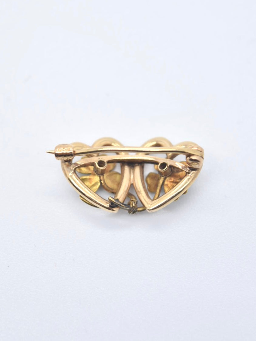 Art Nouveau 14K Gold Krementz &amp; Co. Broche double cœur et perle de graines de trèfle émaillée