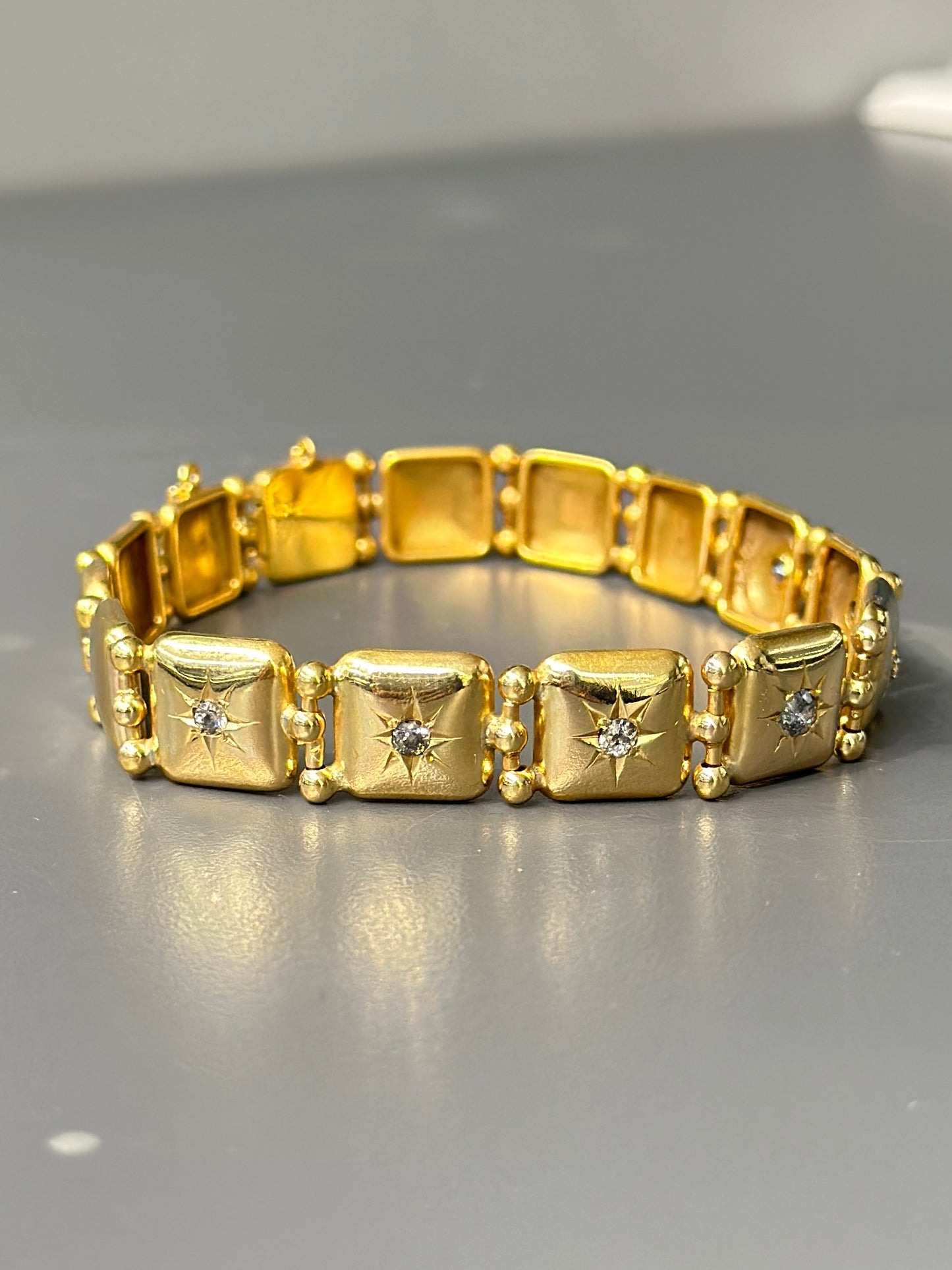 [ON RESERVE] Victorian 14K Gold Diamond Starburst Square Button Link Bracelet