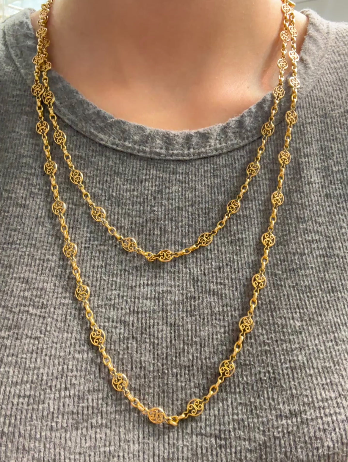 Antique 14K Yellow Gold Filigree Watch Chain Necklace 52.0 inch