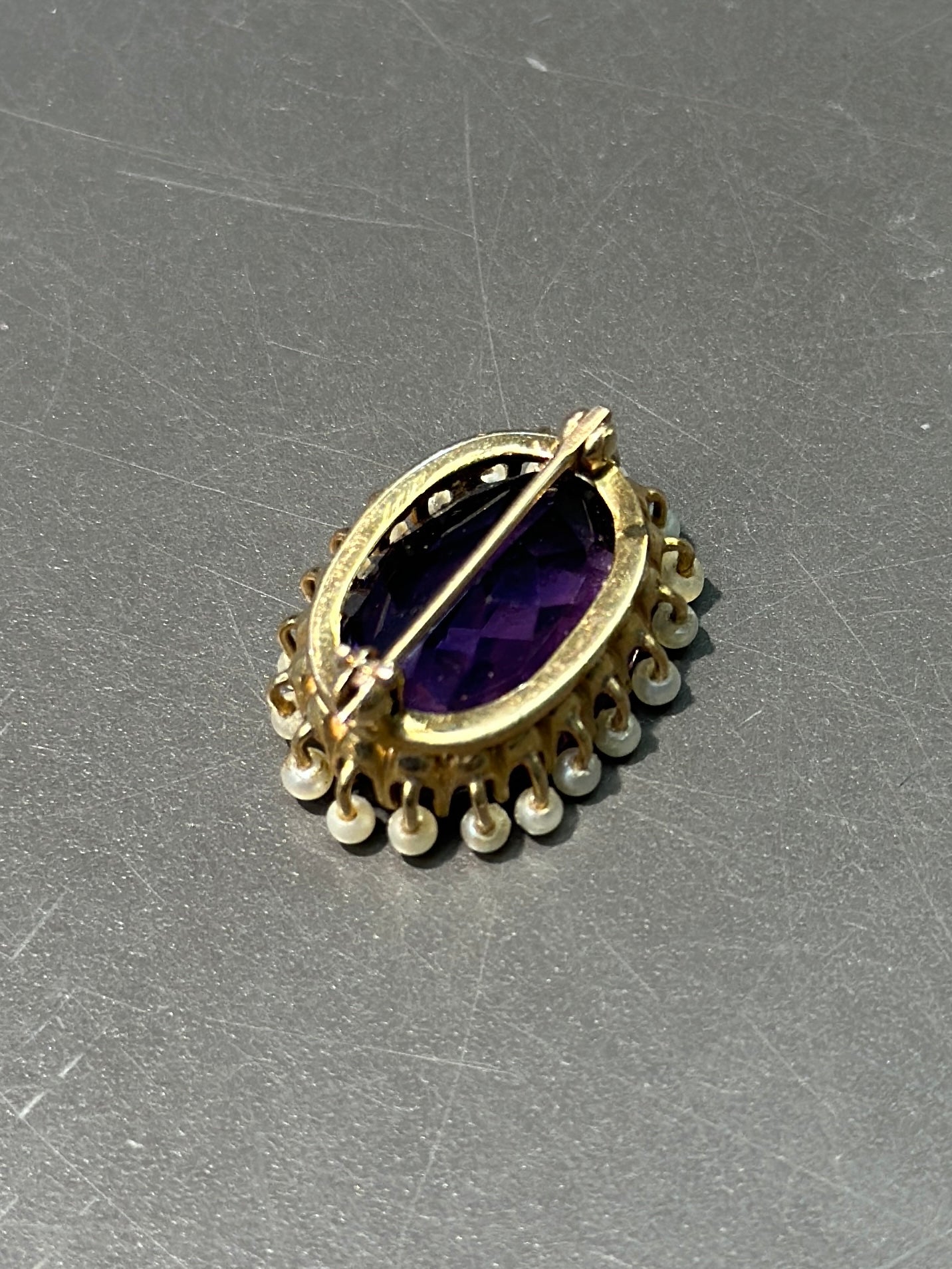 Victorian 14K Gold Amethyst Seed Pearl Halo Brooch