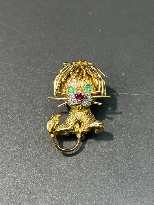 broche vintage en or 18 carats avec diamant émeraude et rubis lion