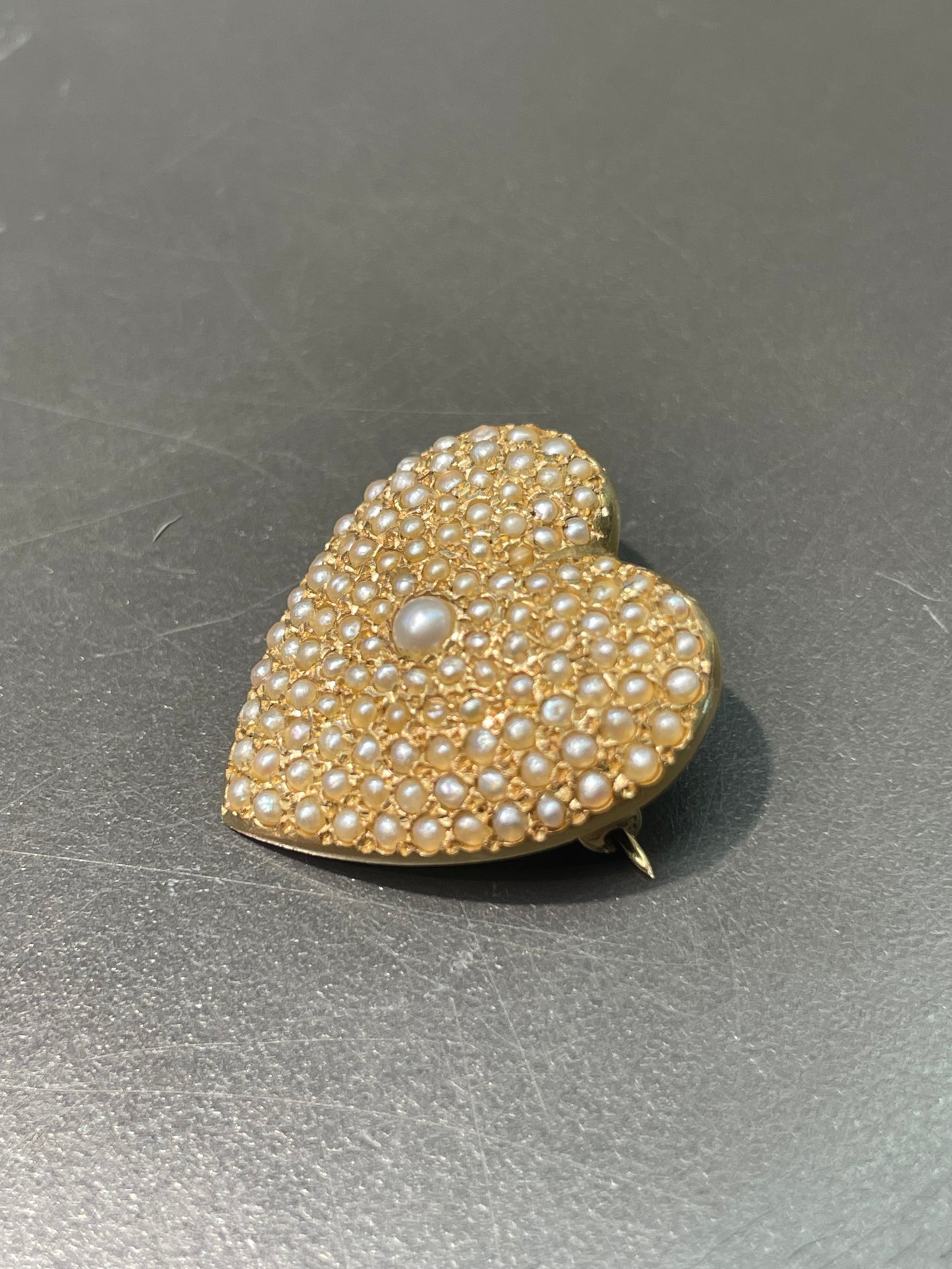 Vintage 14K Yellow Gold Pavé Seed Pearl Heart Brooch
