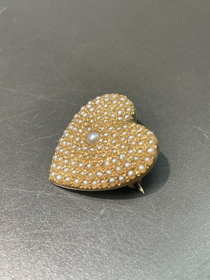 Vintage 14K Yellow Gold Pavé Seed Pearl Heart Brooch