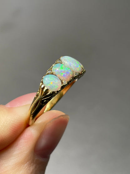 Antique Edwardian 18K Yellow Gold Five Stone Opal Diamond Ring