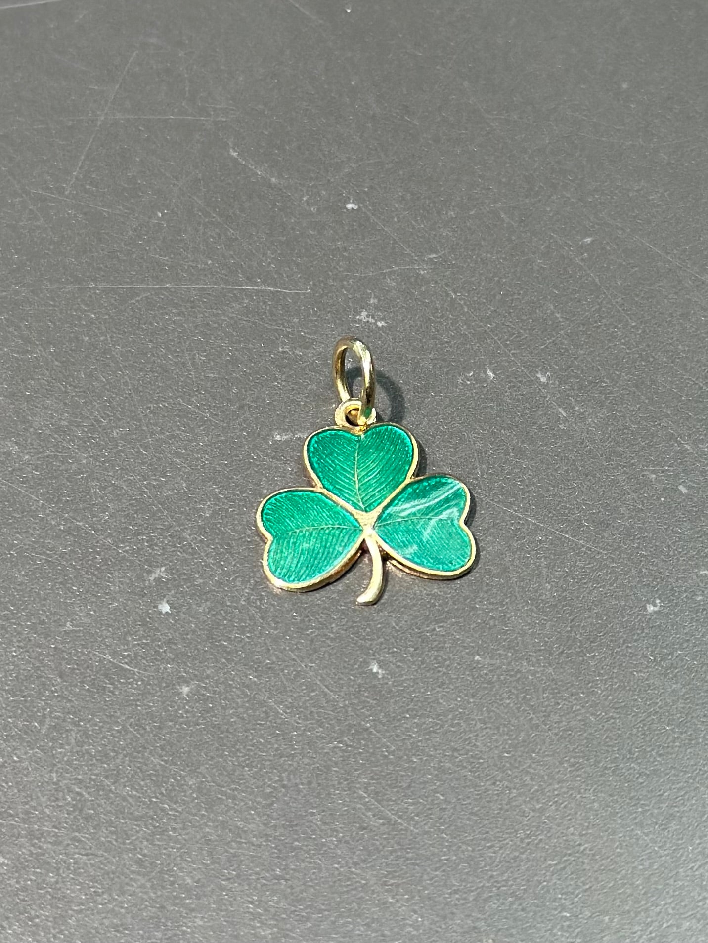 Vintage 14K Gold Enamel Three Leaf Shamrock Clover Charm