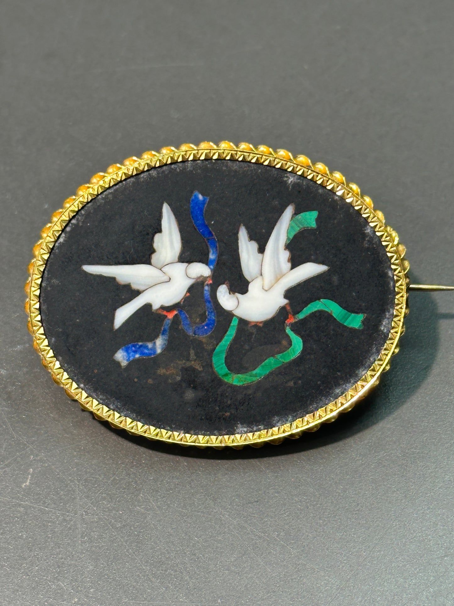 Antique French 18K Yellow Gold Dove Ribbon Pietra Dura Brooch