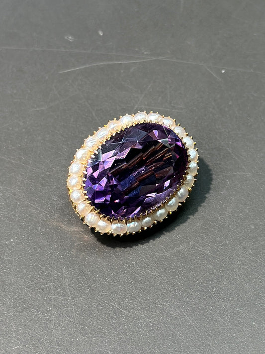 Victorian 14K Amethyst Seed Pearl  Halo Brooch