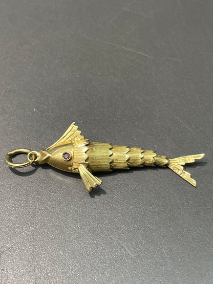 Vintage 18K Yellow Gold Ruby Articulated Fish Pendant