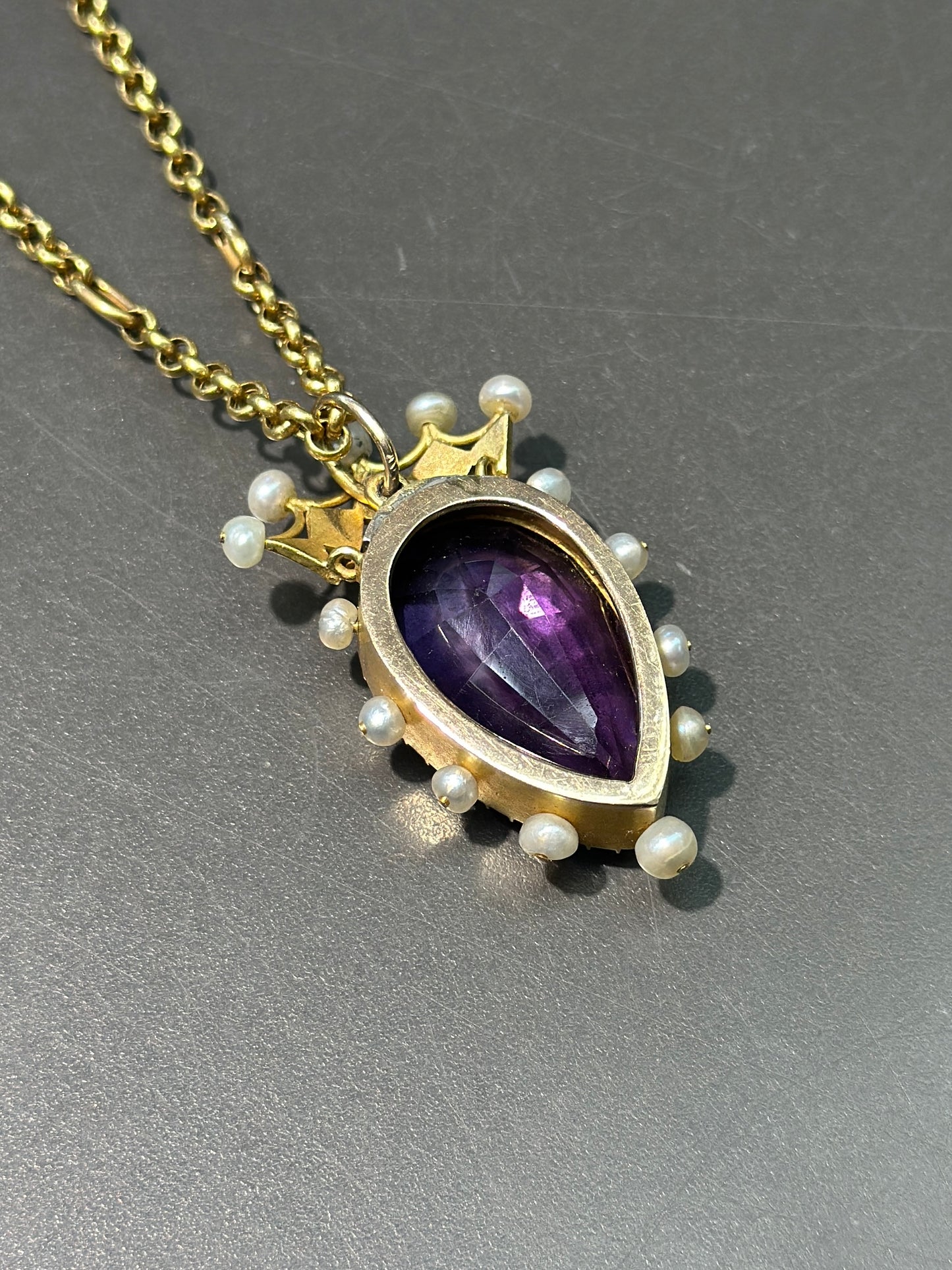 Victorian 14K Gold Amethyst Natural Pearl Crown Pendant