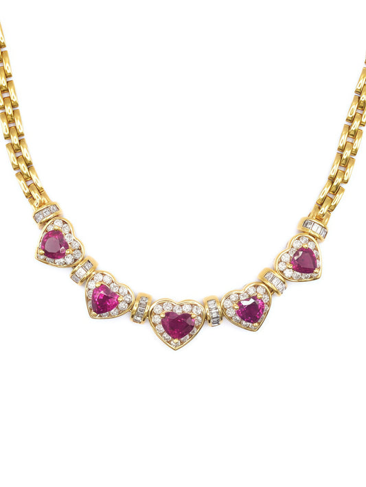 18K Yellow Gold Ruby Diamond Halo Heart Necklace
