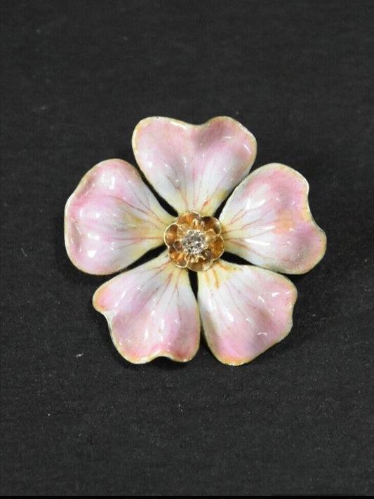 Art Nouveau 14K Gold Pink Flower Enamel Pendant