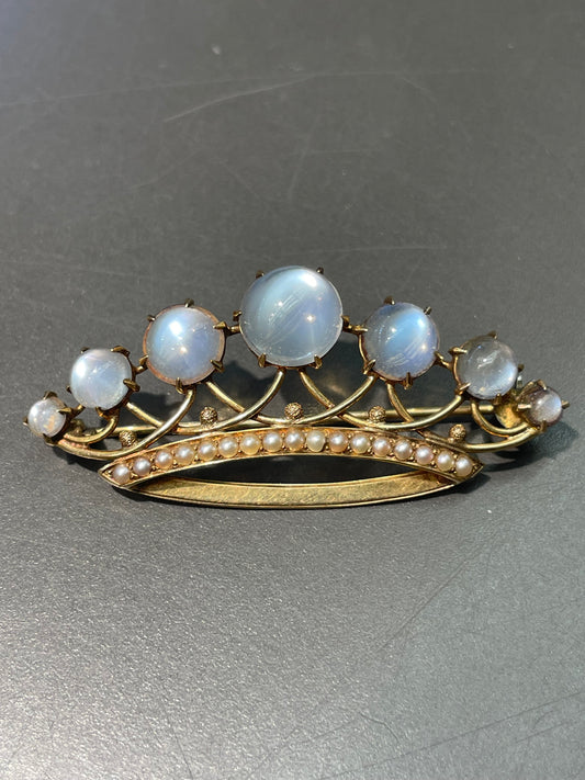 Antique 14K Yellow Gold Ceylon Moonstone Pearl Crown Brooch