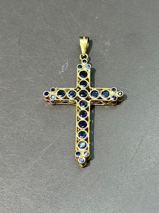 Pendentif croix vintage à deux côtés rubis et saphir en or 14 carats