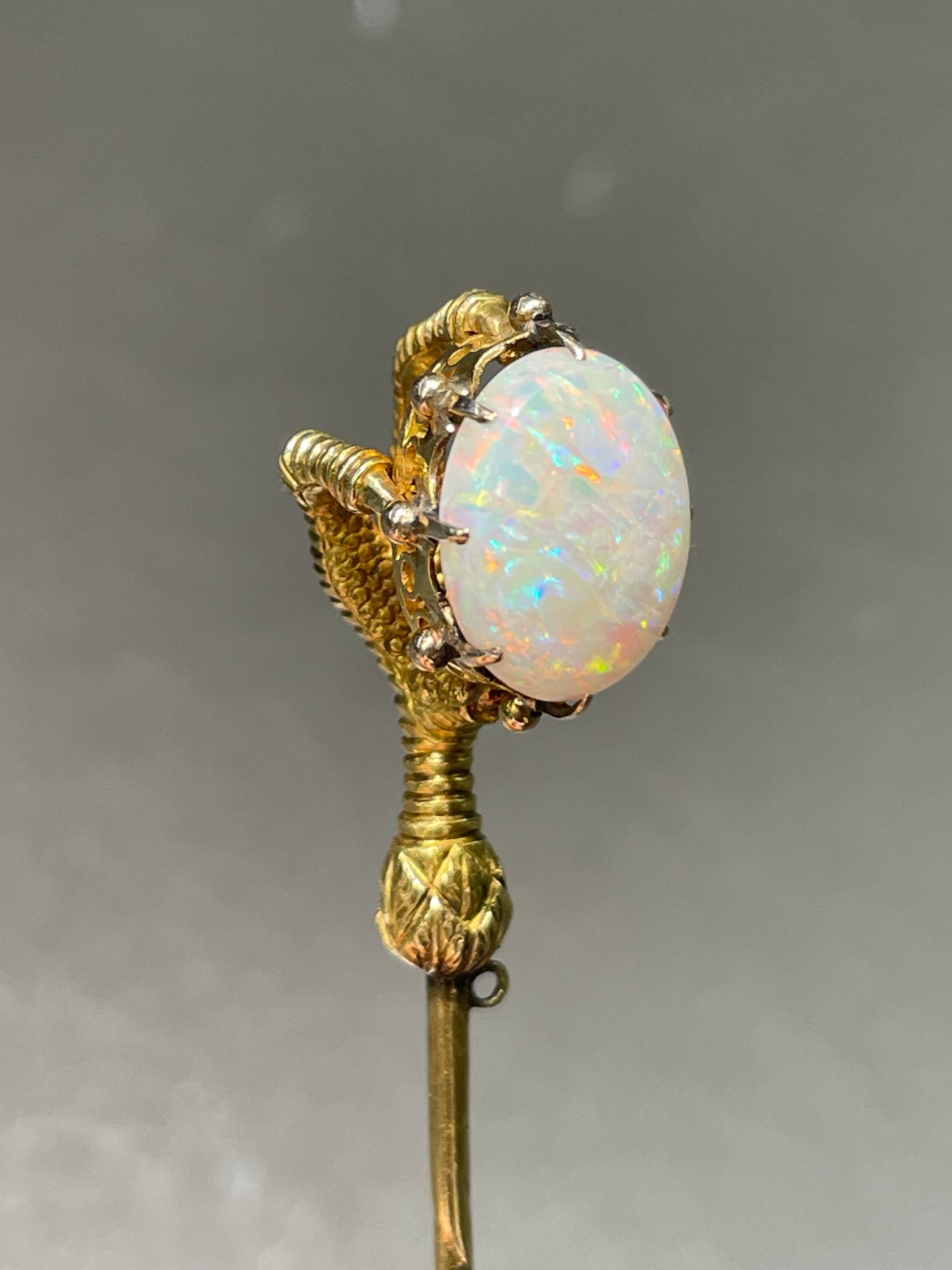 Antique Victorian 14K Yellow Gold Large Opal Eagle Claw Stick Pin