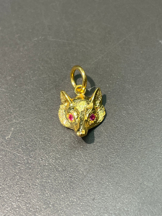 古董 14K 黄金迷你红宝石狐狸吊饰