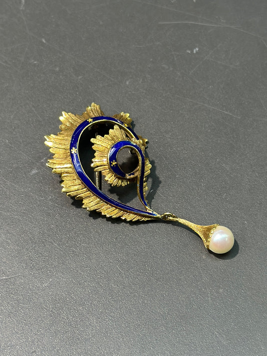 Vintage 18K Gold Enamel Swirl Pearl Brooch