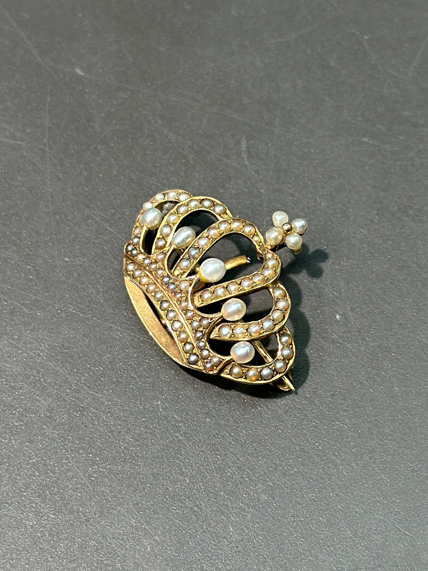 Antique 14K Gold Seed Pearl Crown Brooch