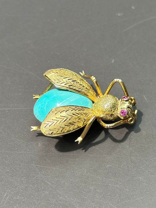 复古 14K 金绿松石和红宝石虫子吊饰