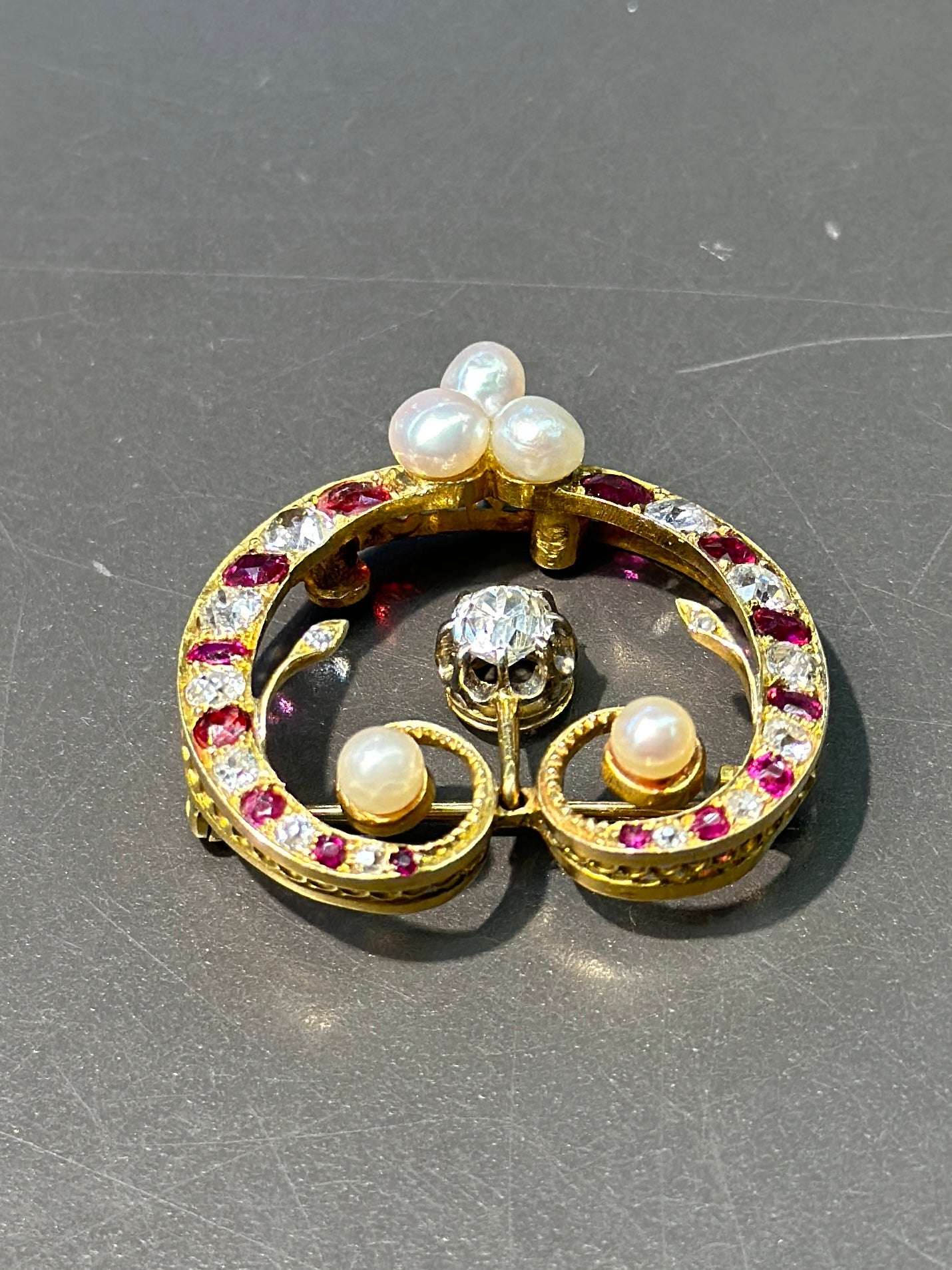 Antique 14K Gold Ruby Diamond Saltwater Pearl Brooch