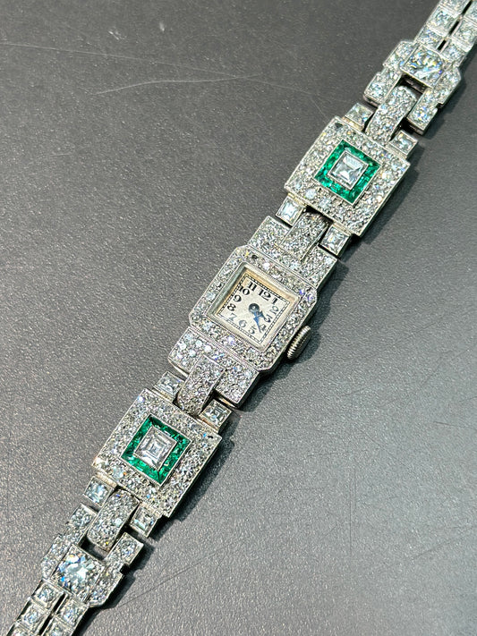 Art Deco Platinum Diamond Emerald Watch 6.75”