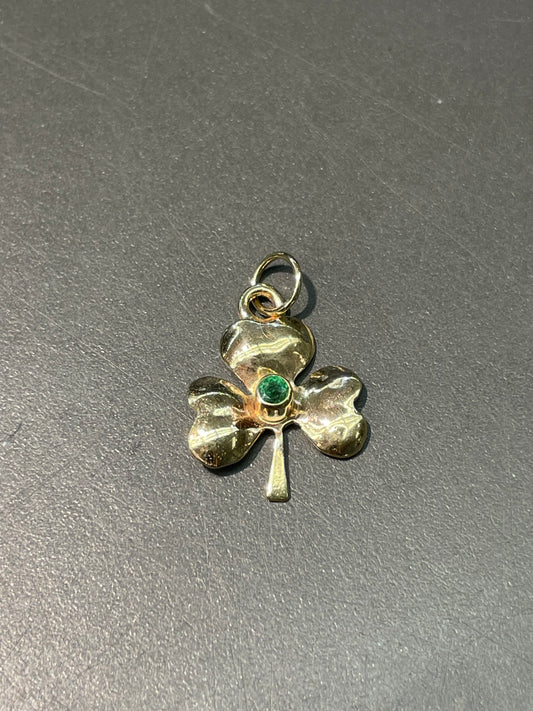 复古 14K 黄金天然绿宝石三叶草吊坠