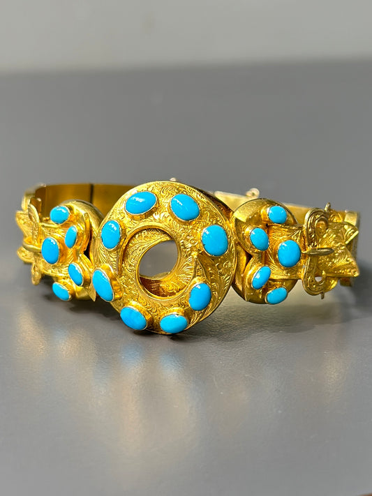 Victorian 14K Gold Turquoise Double Buckle Belt Motif Link Bracelet