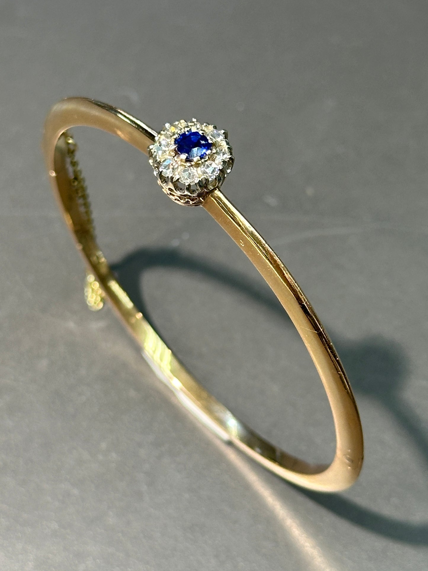 Antique French 18K Gold Natural Sapphire Diamond Halo Bangle Bracelet