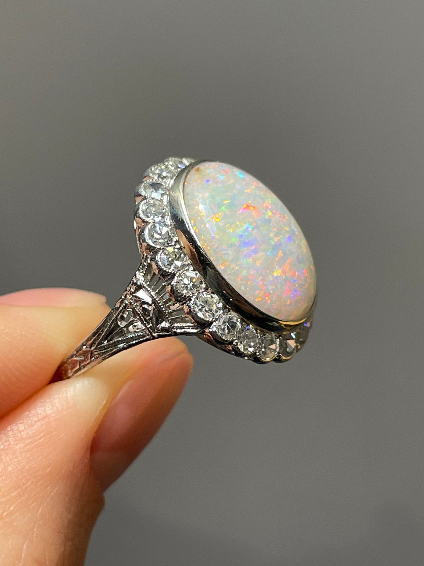 Art Deco Platinum Opal 0.88 CTW Diamond Halo Ring