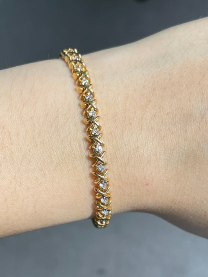 Vintage 14K Yellow Gold “X” Link Diamond Tennis Bracelet