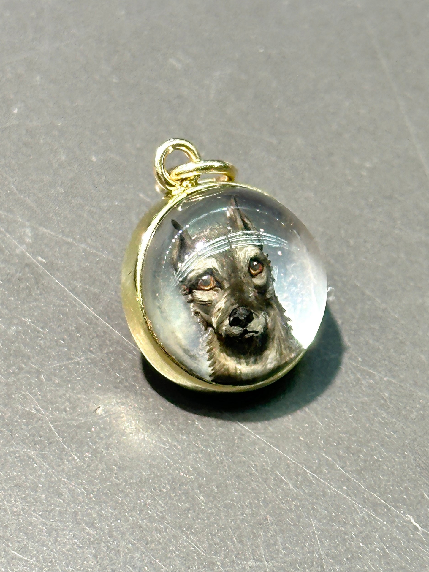 Antique 14K Gold Reverse Painted Essex Crystal German Shepard Dog Pendant