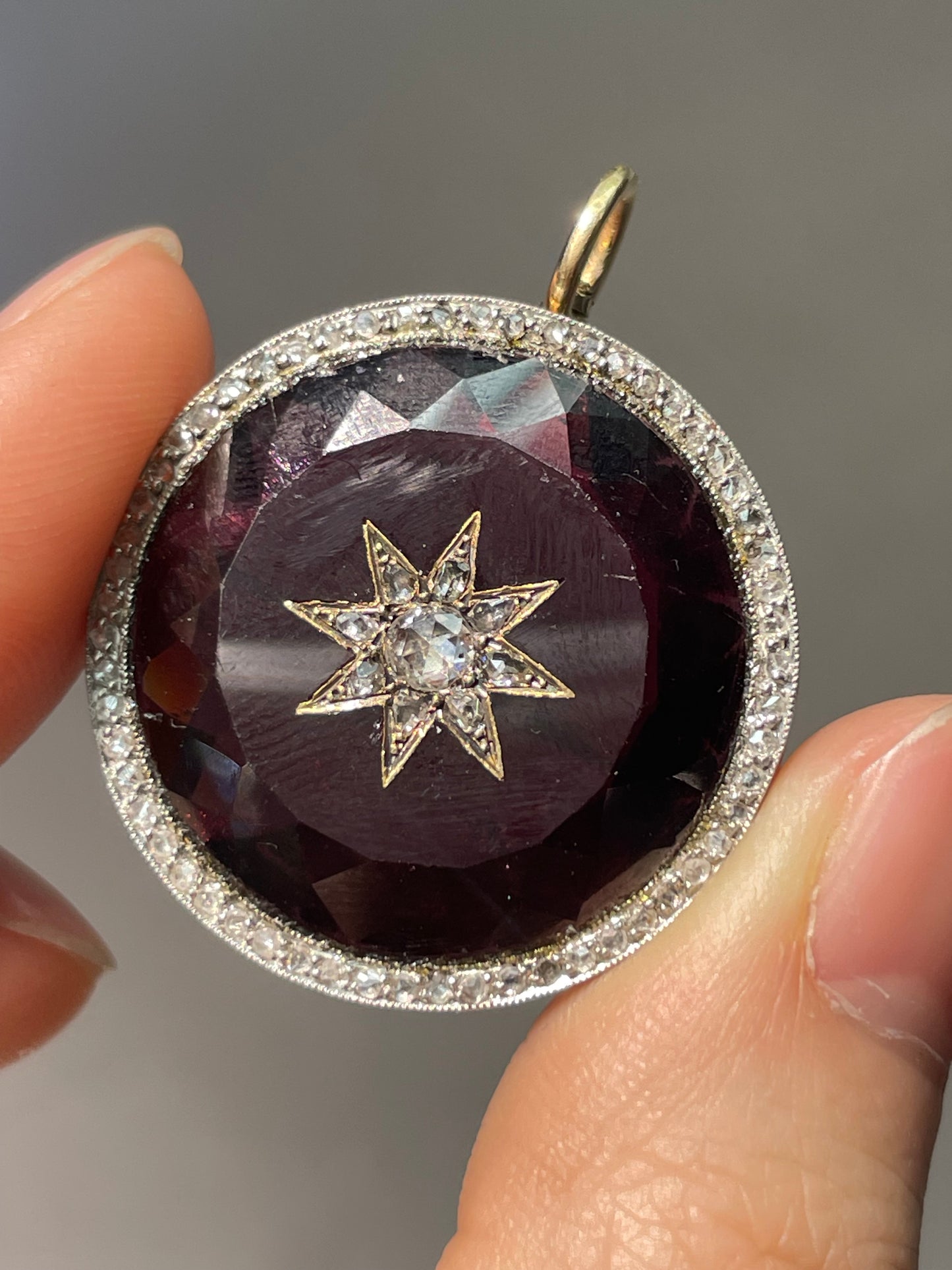 Antique 14K Yellow Gold Diamond Garnet Starburst Pendant Brooch