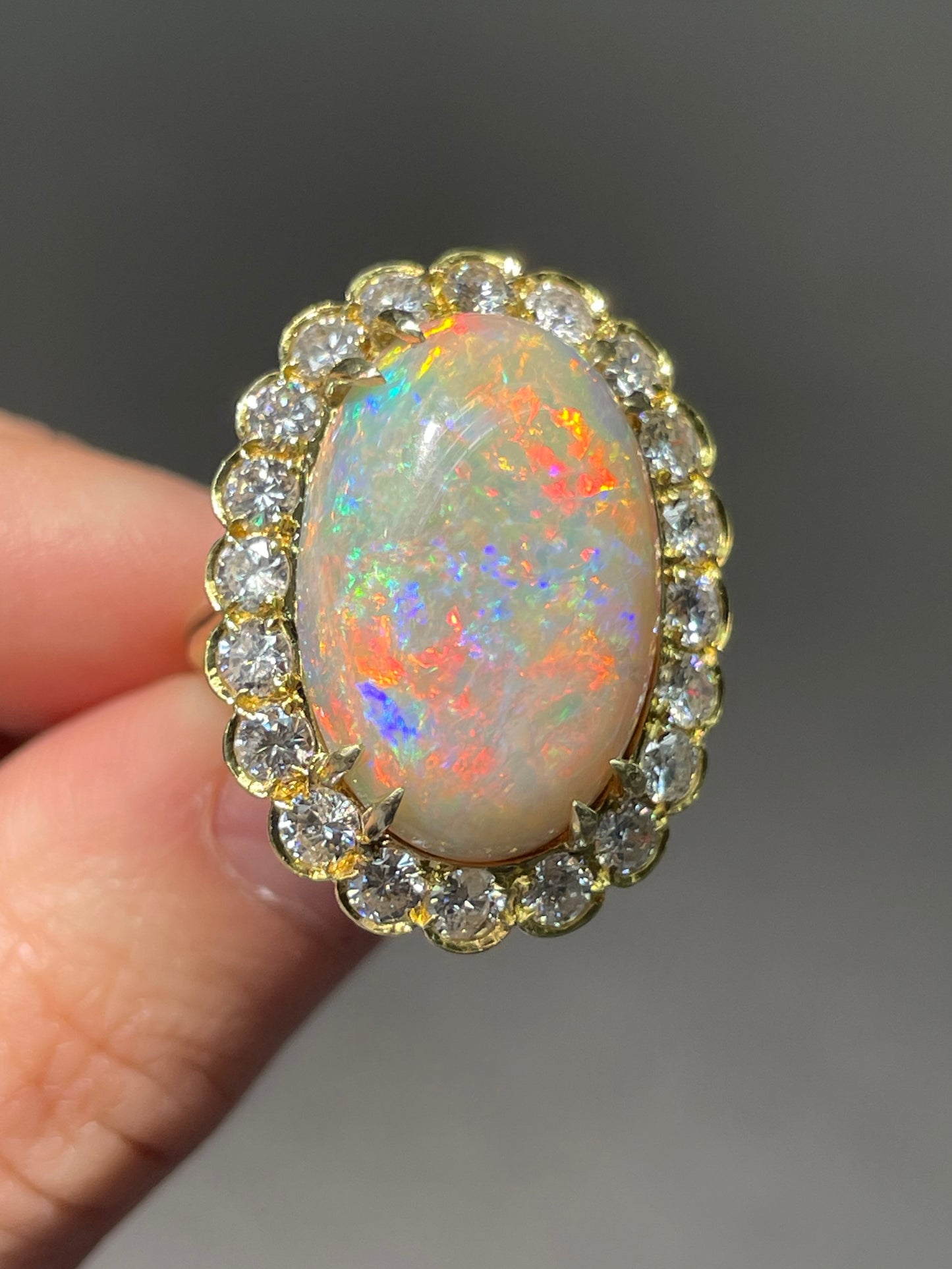 18K Gold Australian Opal Diamond Halo Ring