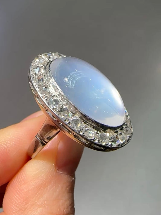 Edwardian 14K White Gold 13.2 CTW Ceylon Moonstone Rose Cut Diamond Halo Ring