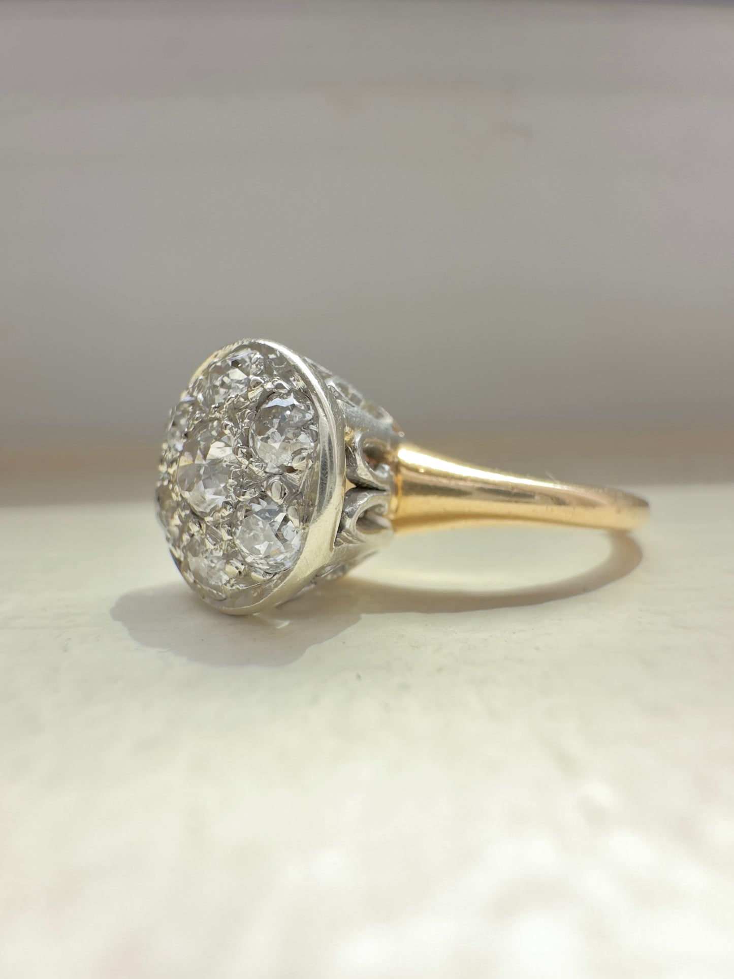 Antique Platinum 14K Gold Diamond Cluster Ring SZ 4.5