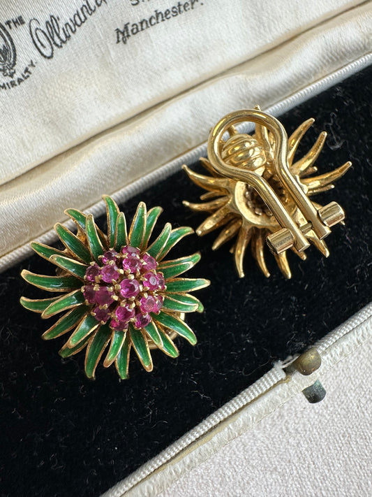 Vintage Kurt Guam 18K 金红宝石珐琅花朵耳环