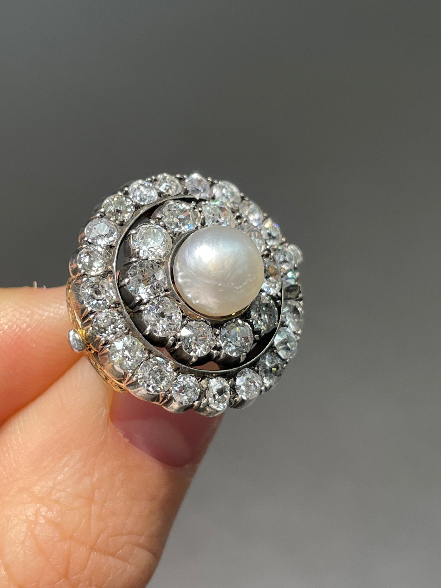 Edwardian Silver Topped 14K Gold Natural Saltwater Pearl Diamond Halo Brooch