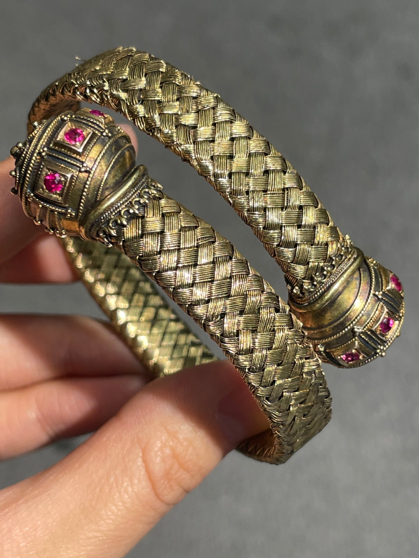 Victorian 14K Gold Ruby Orb Woven Bypass Bangle Bracelet