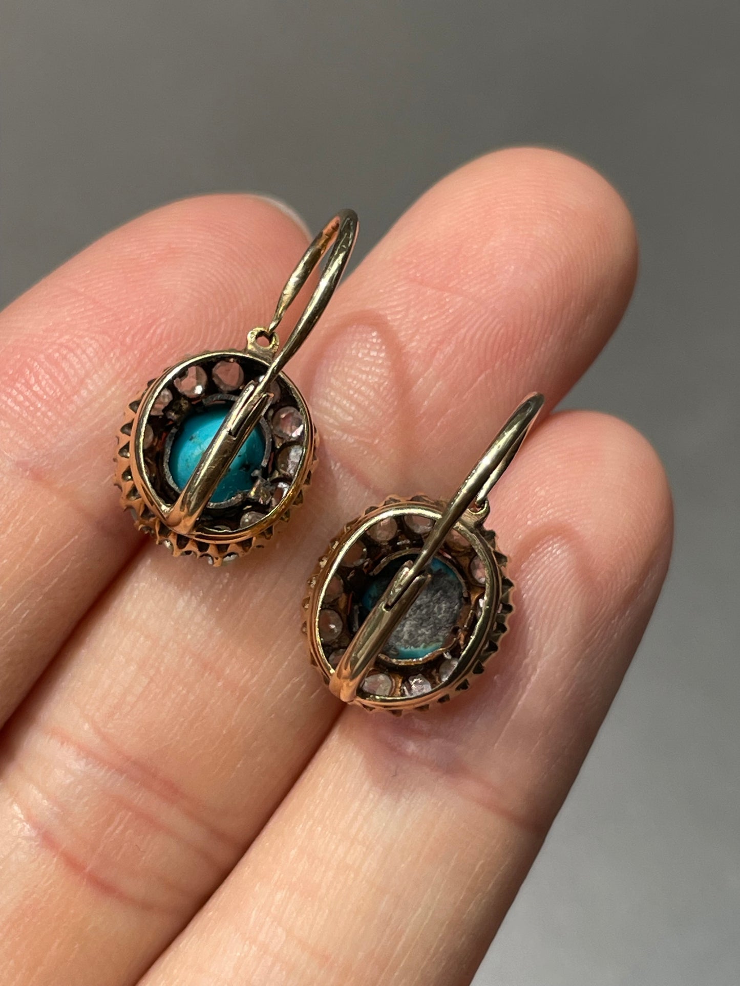 Victorian 14K Yellow Gold Persian Turquoise 0.91 CTW Diamond Halo Dormeuse Earring