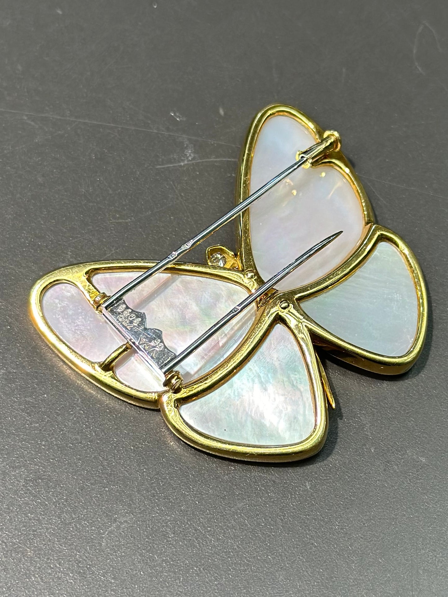 French Van Cleef Arpels 18K Gold Mother of Pearl Diamond Butterfly Brooch