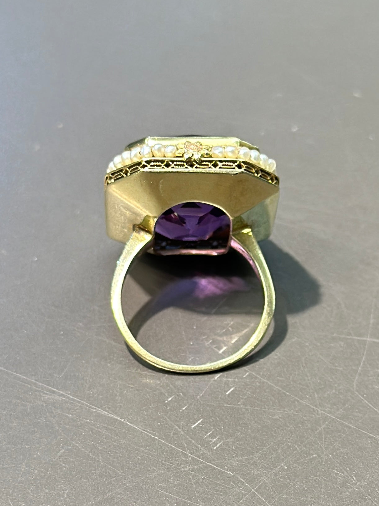 Art Deco 14K Gold Amethyst Seed Pearl Hexagon Shaped Ring