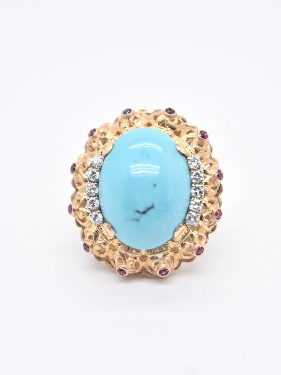 Retro 14K Gold Turquoise Diamond Ruby Cluster Ring SZ 5