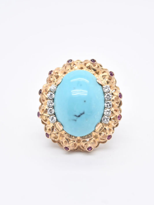 Retro 14K Gold Turquoise Diamond Ruby Cluster Ring SZ 5