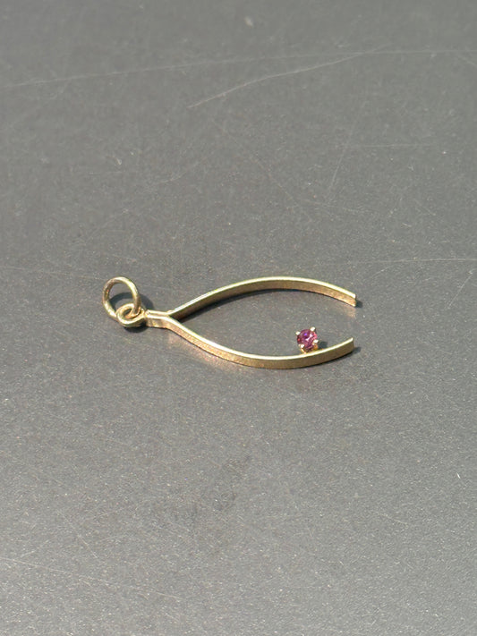 复古 14K 金红宝石许愿骨吊坠