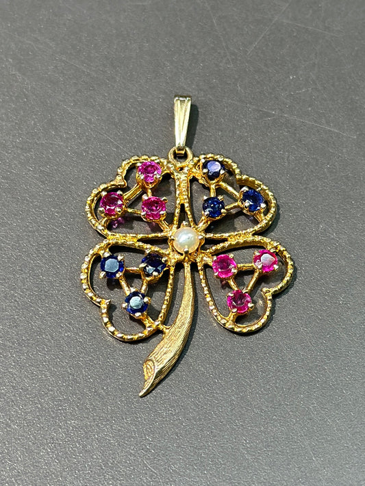 Vintage 14K Gold Ruby Sapphire Four Leaf Clover Pendant