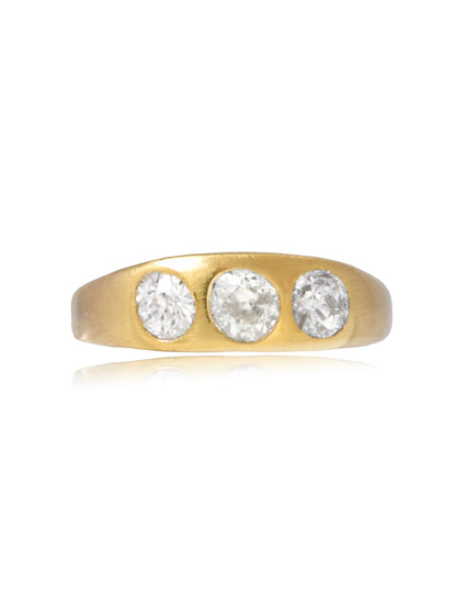 Antique 14K Gold Three Stone Old Mine Cut Diamond Gypsy Ring