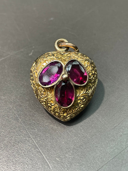 Antique Victorian 14K Yellow Gold Rhodolite Garnet Puffy Heart Pendant
