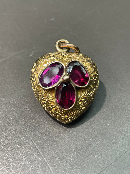 Antique Victorian 14K Yellow Gold Rhodolite Garnet Puffy Heart Pendant