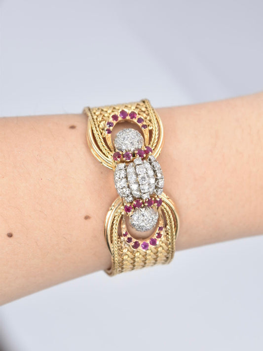 Vintage French 18K Gold Diamond and Ruby Hidden Watch Bracelet